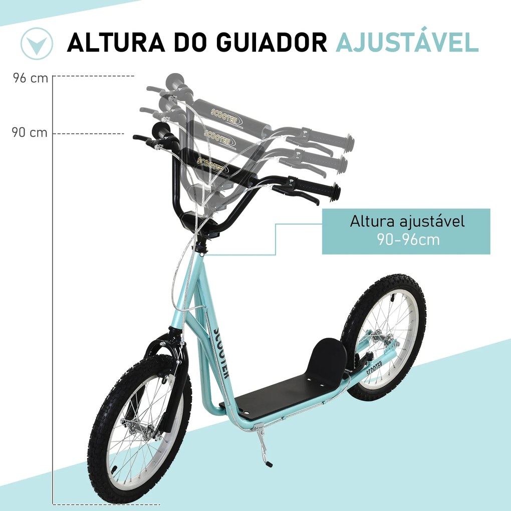 Trotinete com Guiador Ajustável 2 Pneus de Borracha Insufláveis com Travagem Dupla e Rodas 16" 139x58x90-96 cm Azul