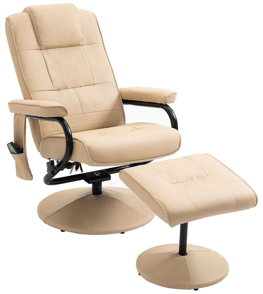 HOMCOM Poltrona de Massagem Elétrica com Banco para Apoiar os Pés Poltrona Relax Giratório Reclinável em até 145° 77x84x95cm Bege