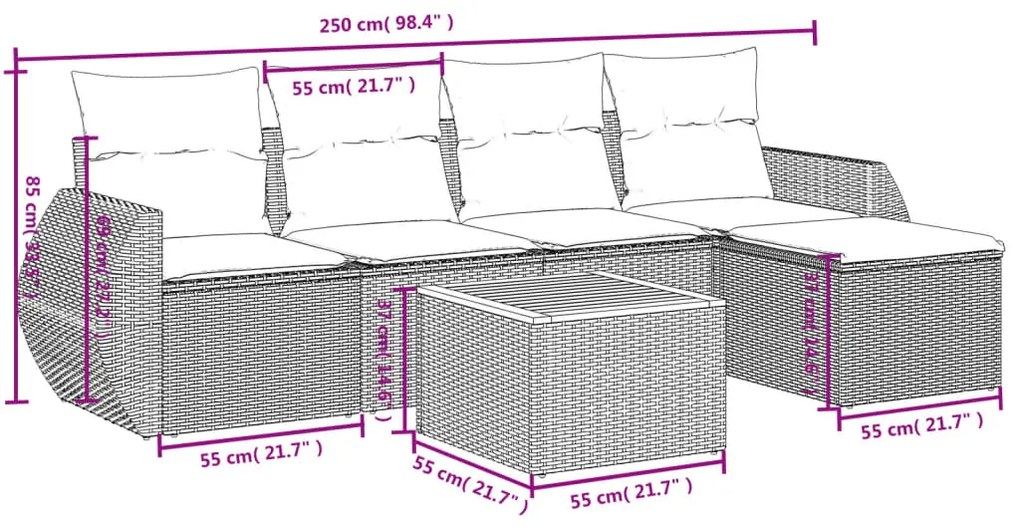 6 pcs conjunto de sofás p/ jardim com almofadões vime PE bege