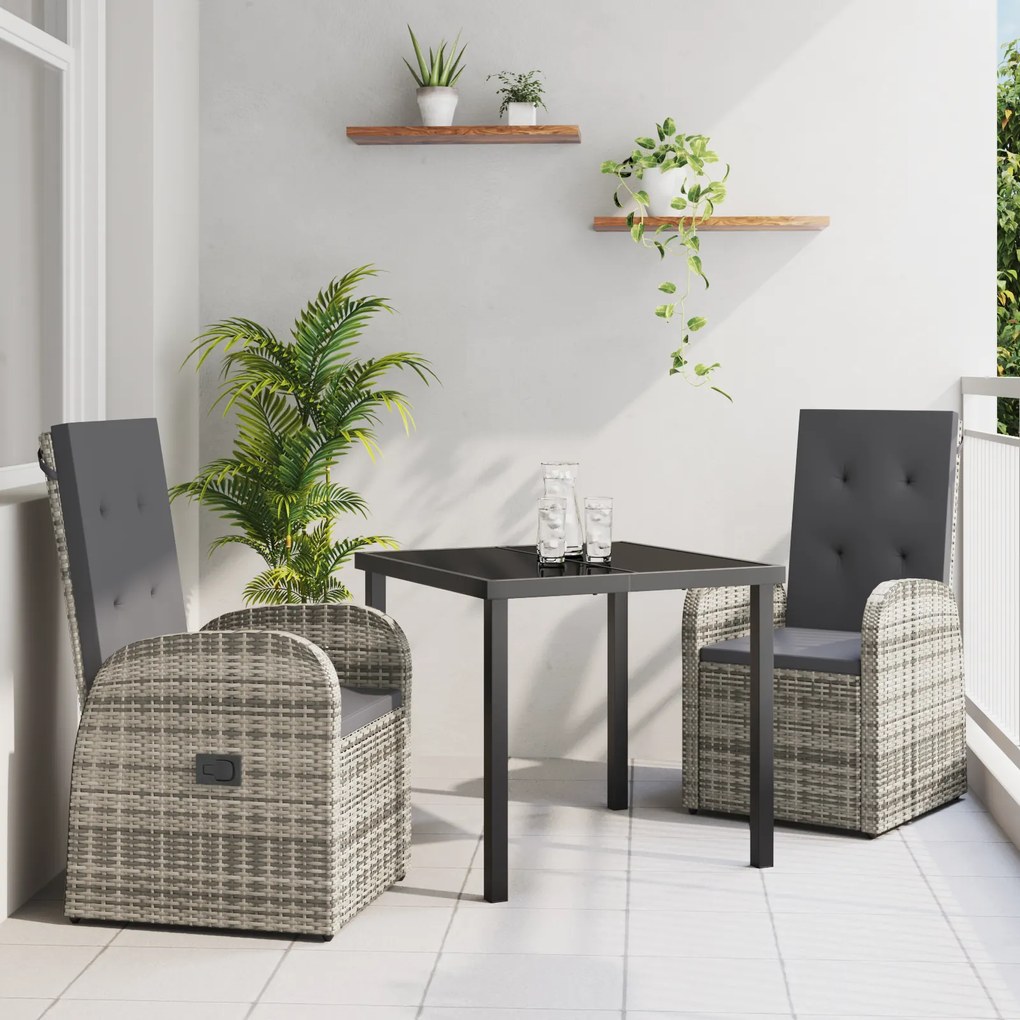 Conjunto de Jantar de Jardim em 3 Peças com Almofadas Cinza em Rattan Sintético