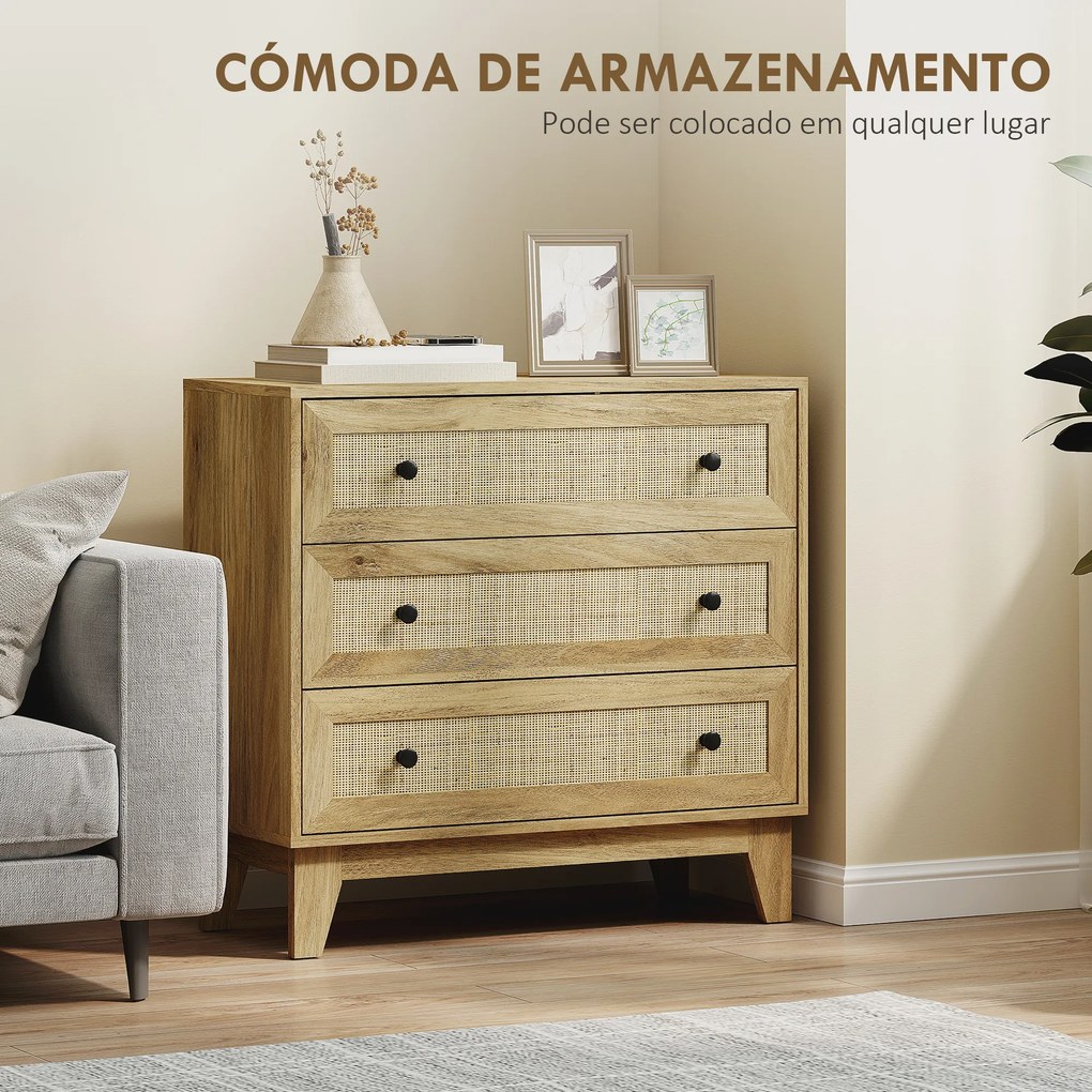Cómoda com 3 Gavetas Cómoda de Madeira com Gavetas de Vime e Pés Elevados 80x35x76 cm Madeira