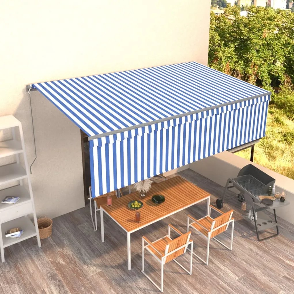 Toldo retrátil manual com estore 5x3 m azul e branco