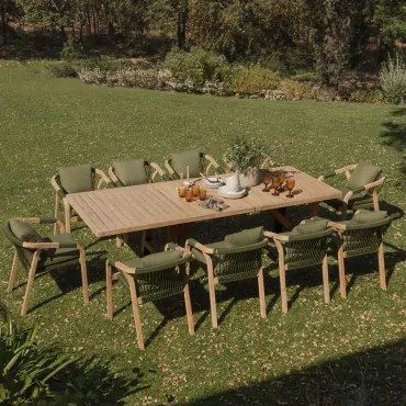 Conjunto De Mesa Retangular Extensível 200-260-320x100 Cm E 10 Cadeiras De Jardim Com Apoios De Braços Em Madeira - Sklum