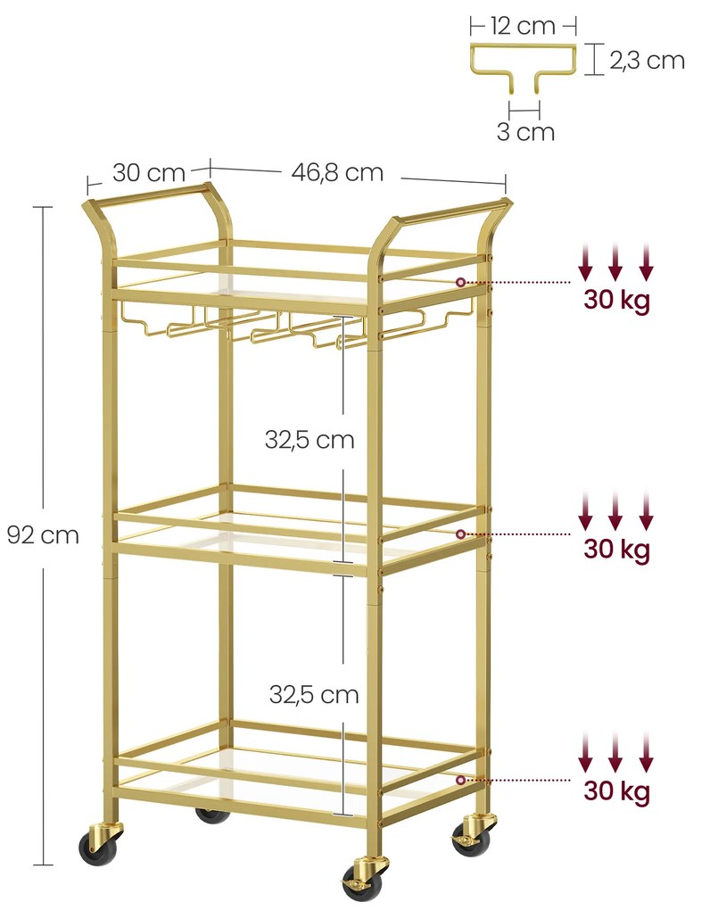 Carrinho de cozinha ou bar com 3 prateleiras de vidro espelhado 30 x 46,8 x 92 cm Dourado