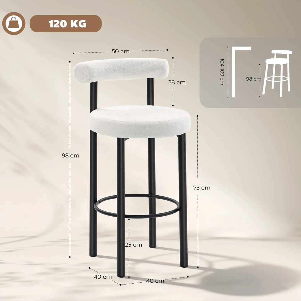 Conjunto de 2 bancos de bar, em tecido felpudo, com encosto curvo e apoio para os pés, 50 x 52,5 x 98 cm, branco Creme