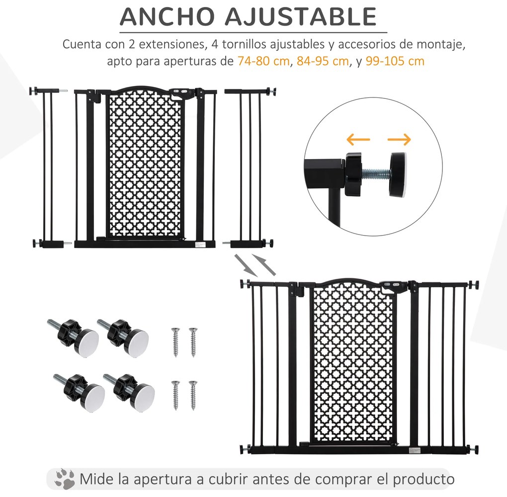PawHut Barreira de Segurança para Cães Animais de Estimação para Portas Escadas Corredores 74-105cm com 2 Extensões de 10/15cm com Porta e Fechadura Automática Aço Preto