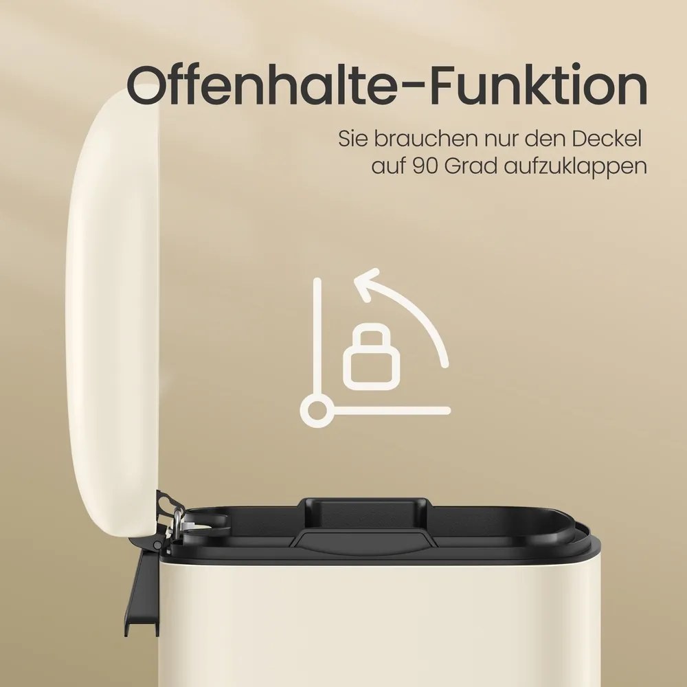 Caixote do lixo para cozinha 30L com pedal em aço 34,5 x 32,5 x 61,5 cm , tampa com fecho suave, caixote interior removível Creme