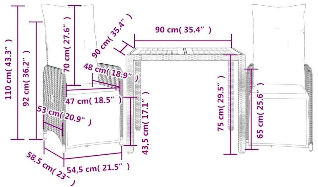 3 pcs conjunto bistrô de jardim c/ almofadões vime PE cinza