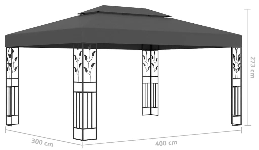 Gazebo com toldo duplo e cordões de luzes LED 3x4 m antracite