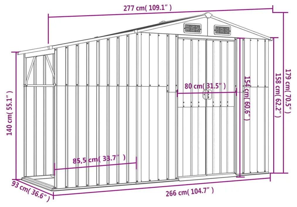 Abrigo de jardim 277x93x179 cm aço galvanizado verde