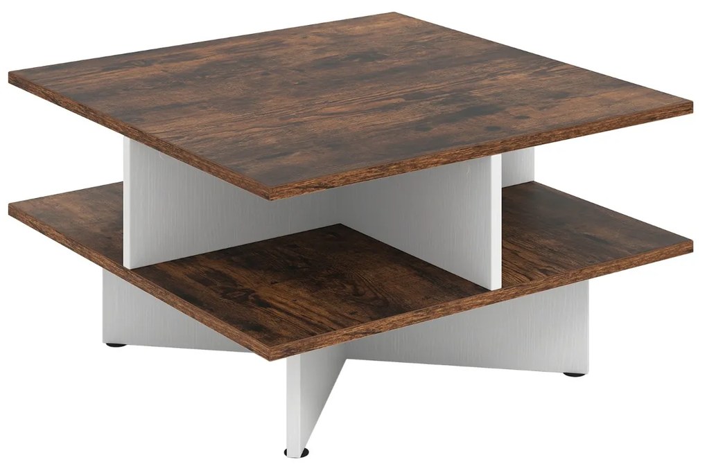 Mesa de centro quadrada 60 x 60 x 32,5 cm de 2 níveis com 4 compartimentos de armazenamento Base em forma de cruz Castanho rústico