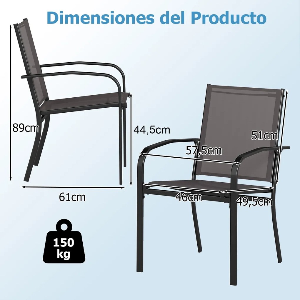 Conjunto de 2 cadeiras empilháveis para exterior com encosto alto, assento largo e braços para exterior 61 x 57,5 x 89 cm cinzento