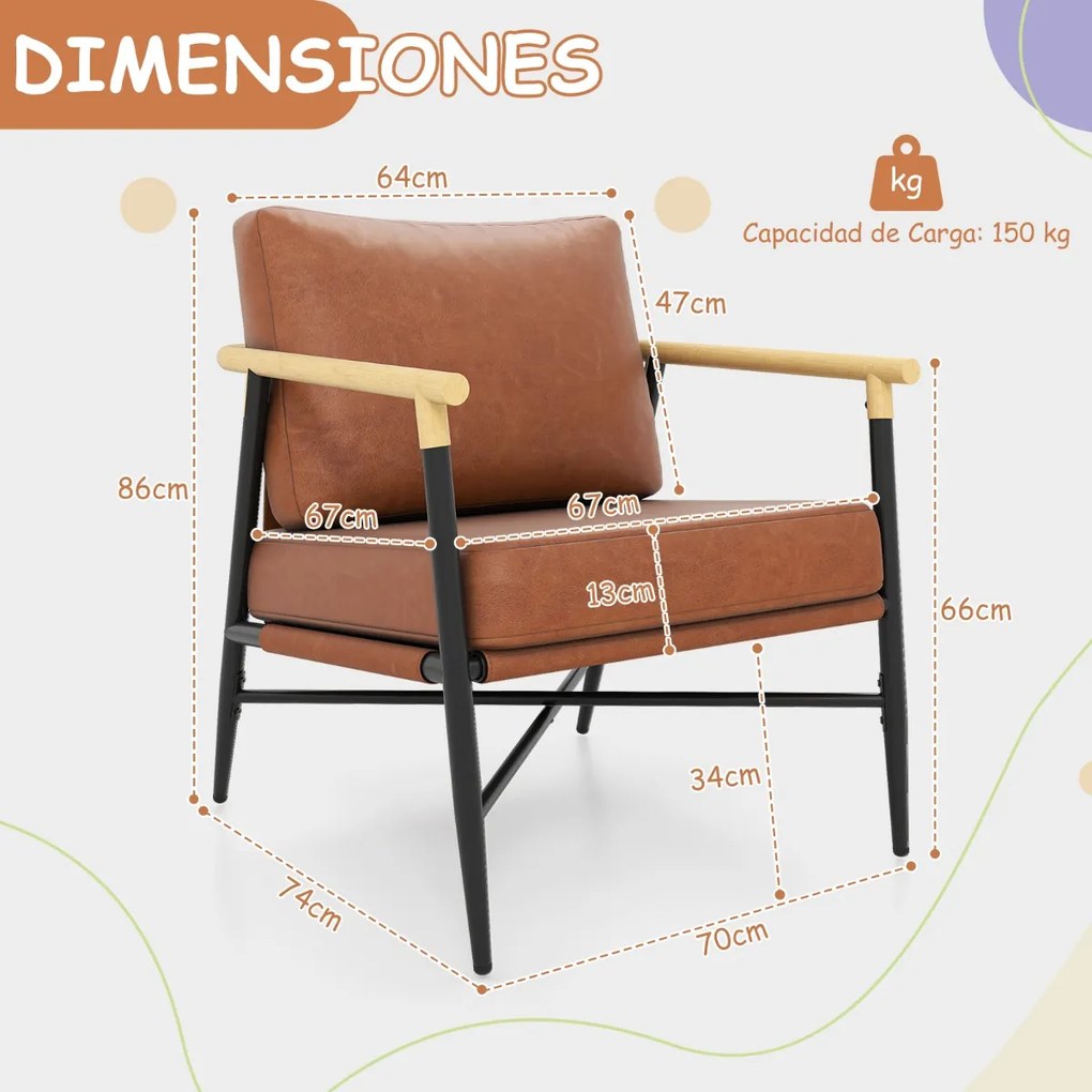 Poltrona de meados do século em couro sintético, com almofada de encosto removível e estrutura metálica, para sala de estar, quarto ou escritório, cor