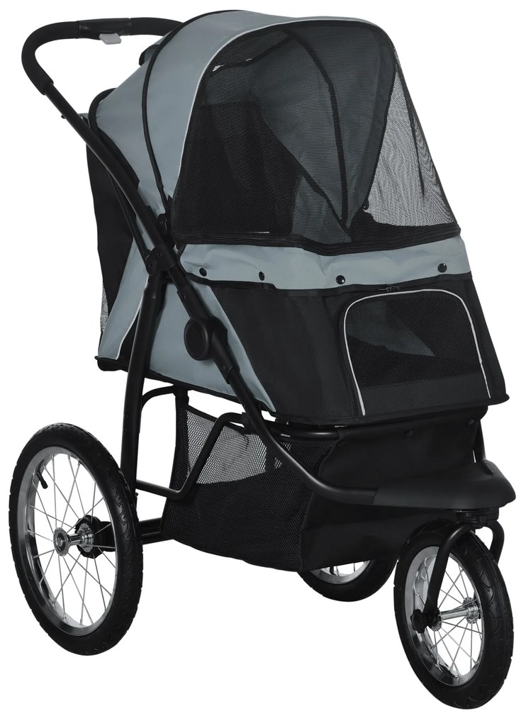 PawHut Carrinho para Cães Dobrável para Cães Médios e Pequenos com Cesta de Armazenamento Capota Ajustável 111x58x107 cm Cinza