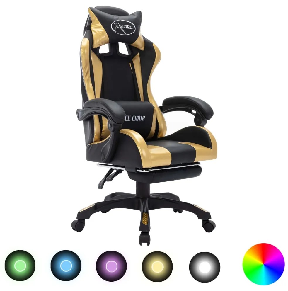 Cadeira estilo corrida luzes LED RGB couro artif. dourado/preto