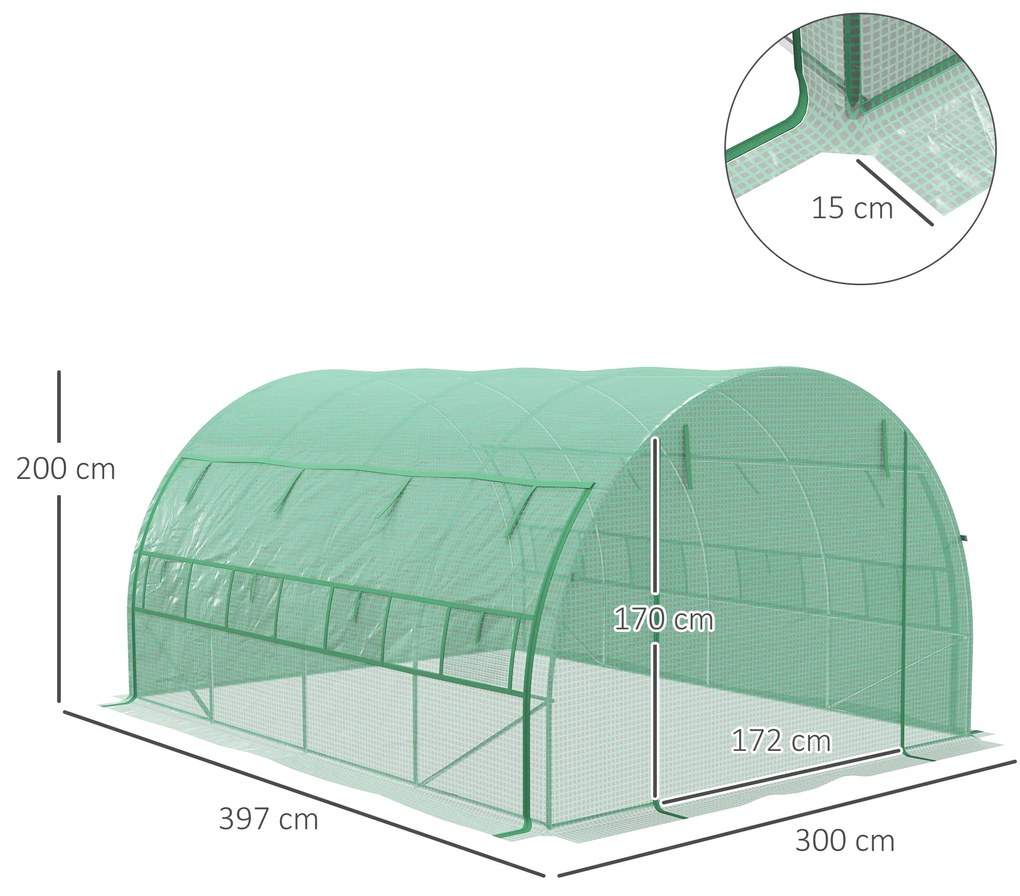 Estufa de Túnel de Jardim 397x300x200 cm com Porta Lateriais e Janelas Enroláveis Cobertura de PE 140g/m² e Metal Galvanizado Verde