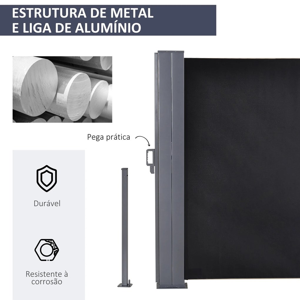 Toldo Lateral Retrátil 600x160cm Toldo de Privacidade Extensível com Ângulo Ajustável e Proteção UV+50 para Jardim Balção Terraço Cinza