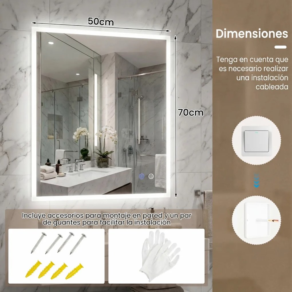 Espelho LED para casa de banho 70 x 50 cm retangular de parede com função antiembaciamento, memória, 3 cores de luz e controlo tátil Prata