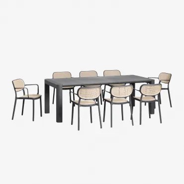 Conjunto De Mesa Retangular 220x100 Cm Arnadine E 8 Cadeiras De Jardim Empilháveis Com Apoios De Braços Em Polipropileno Omara Cinza Grafito - Sklum