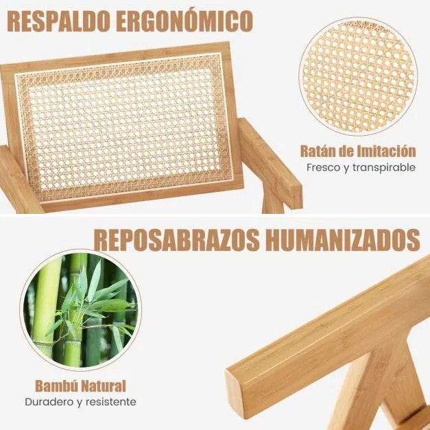 Conjunto de 4 cadeiras de jantar em rattan com estrutura de bambu, costas em imitação de cana e apoios de braços para cozinha 50 x 52 x 81 cm Natural