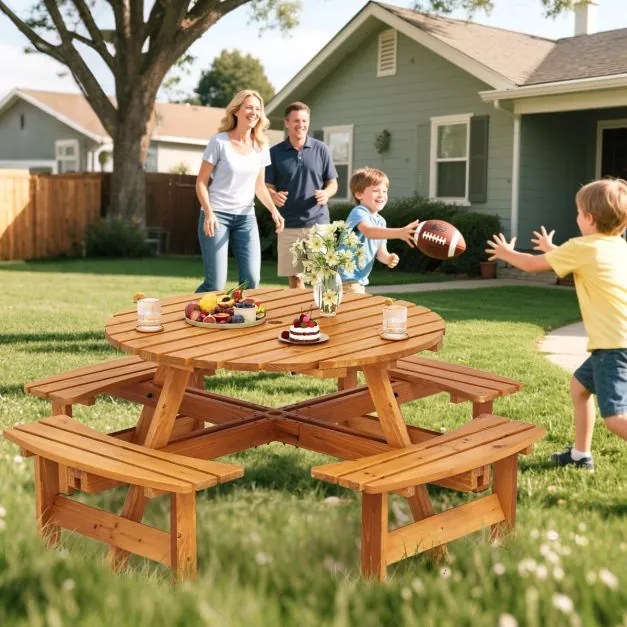 Conjunto de mesa de Jardim ou piquenique redonda com 4 bancos para 8 pessoas com orifício para guarda-sol de 5 cm Amarelo