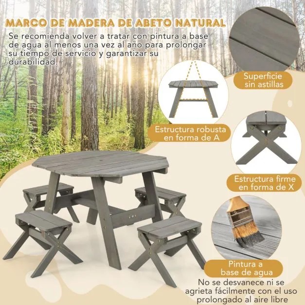 Conjunto de mesa de madeira para crianças com 4 cadeiras Guarda-sol dobrável de altura ajustável para pátio exterior Pátio jardim Cinzenta