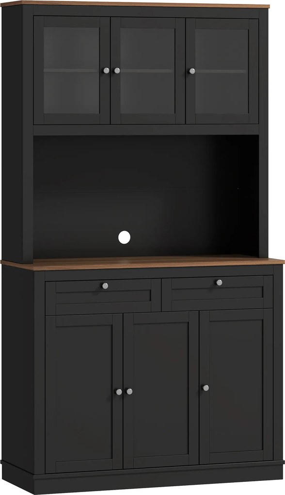 Armário de Cozinha com 3 Portas de Vidro Compartimento Aberto 2 Gavetas e Prateleiras Ajustáveis 100x40x180 cm Preto