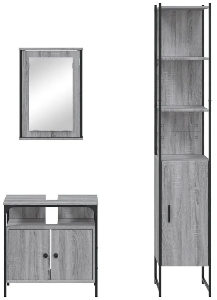 3 pcs Conjunto móveis casa de banho madeira proc. cinza sonoma