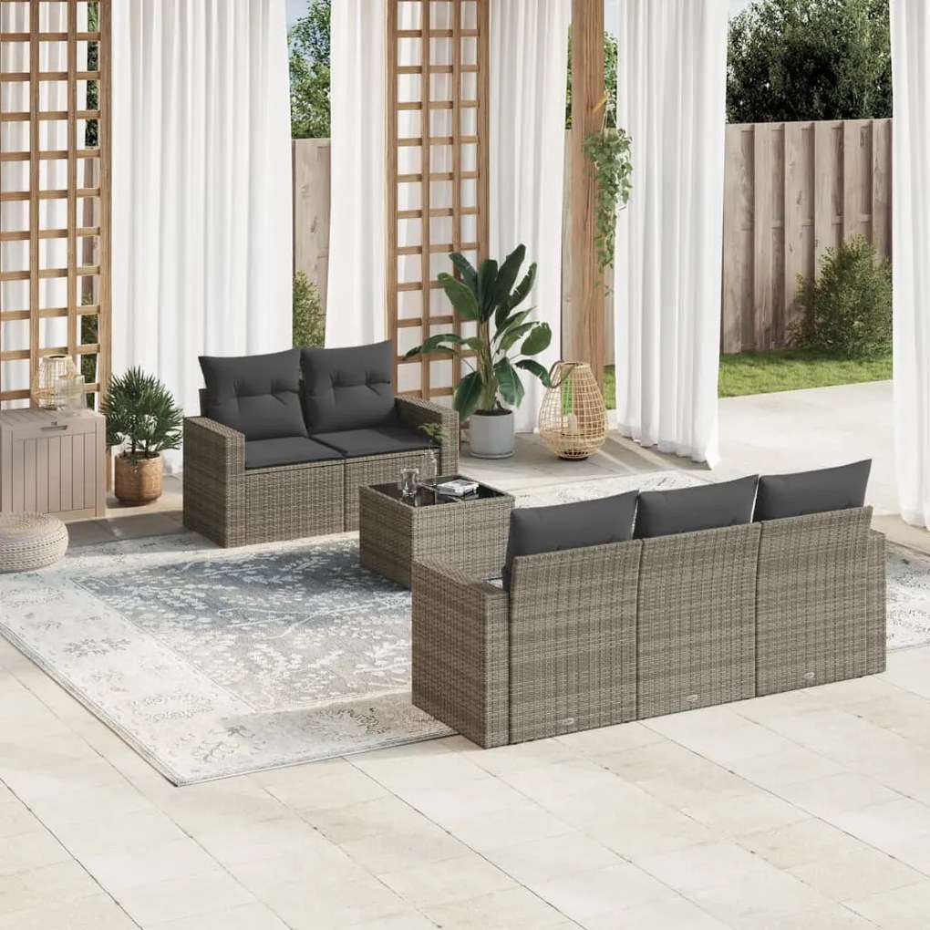 6 pcs conjunto sofás de jardim com almofadões vime cinzento