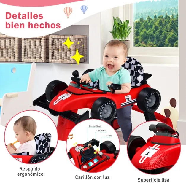Andador 4 em 1 para crianças, dobrável, atividade de empurrar, com altura ajustável e carrilhão de velocidade com luzes, volante Vermelho