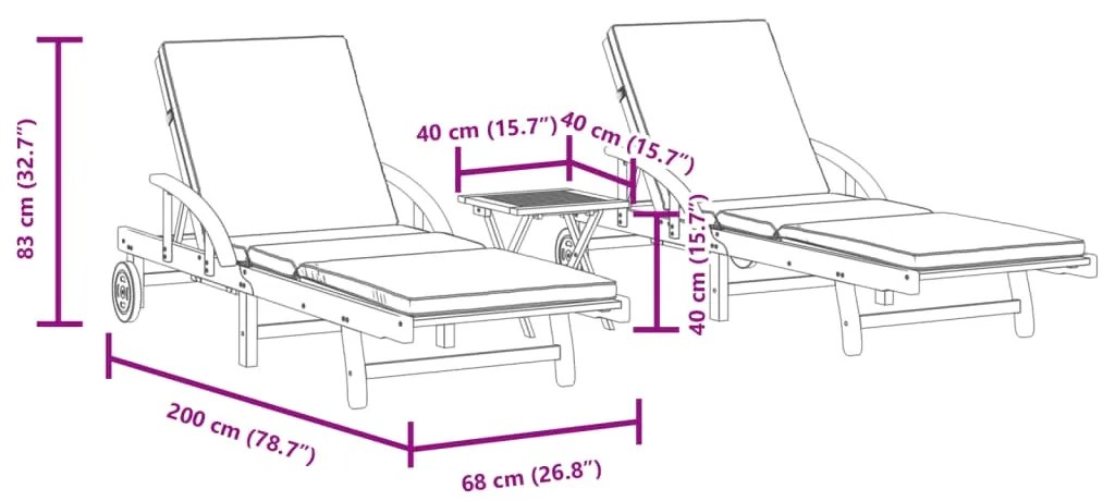 Espreguiçadeiras 2 pcs com mesa madeira de acácia maciça