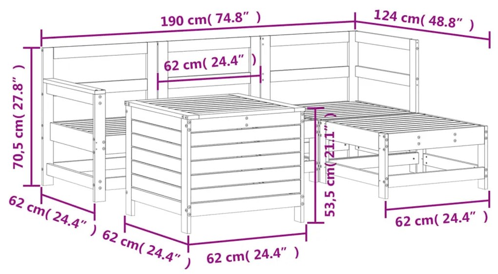 5 pcs conjunto de sofás para jardim madeira de pinho maciça