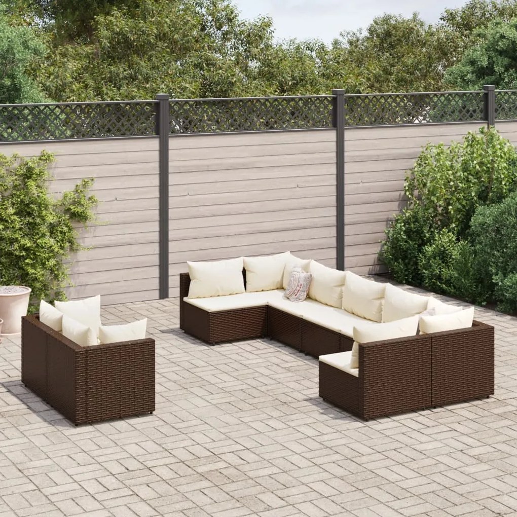 vidaXL 9 pcs conjunto sofás p/ jardim c/ almofadões vime PE castanho