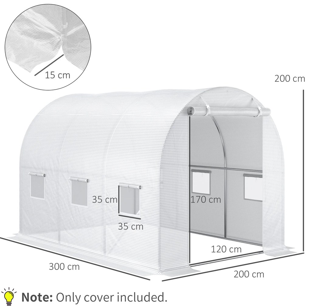 Cobertura de Estufa de Túnel (ESTRUTURA NÃO INCLUIDA) 3x3x2m Cobertura de Substituição de Estufa Polietileno com 6 Janelas e Portas Enroláveis Branco