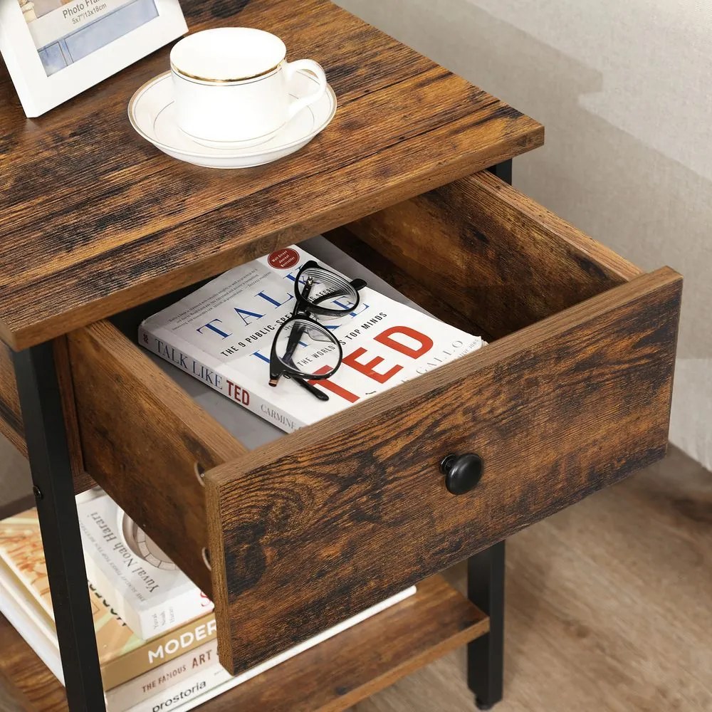 Mesa de apoio / Mesa de cabeçeira com gaveta de aspeto industrial 40 x 40 x 55 cm Castanho Vintage