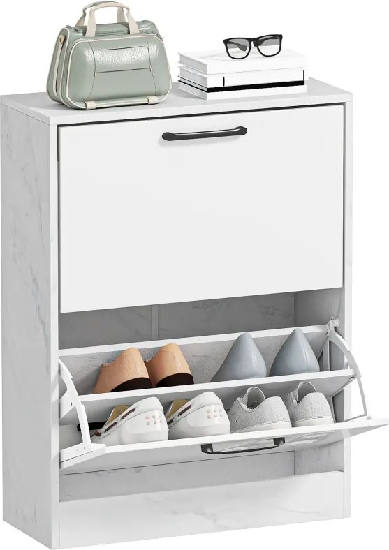 Sapateira Estreita 2 Portas de Alto Brilho 60x24x80 cm com Prateleiras Ajustáveis Design Mármore para 8 Pares de Sapatos Branco