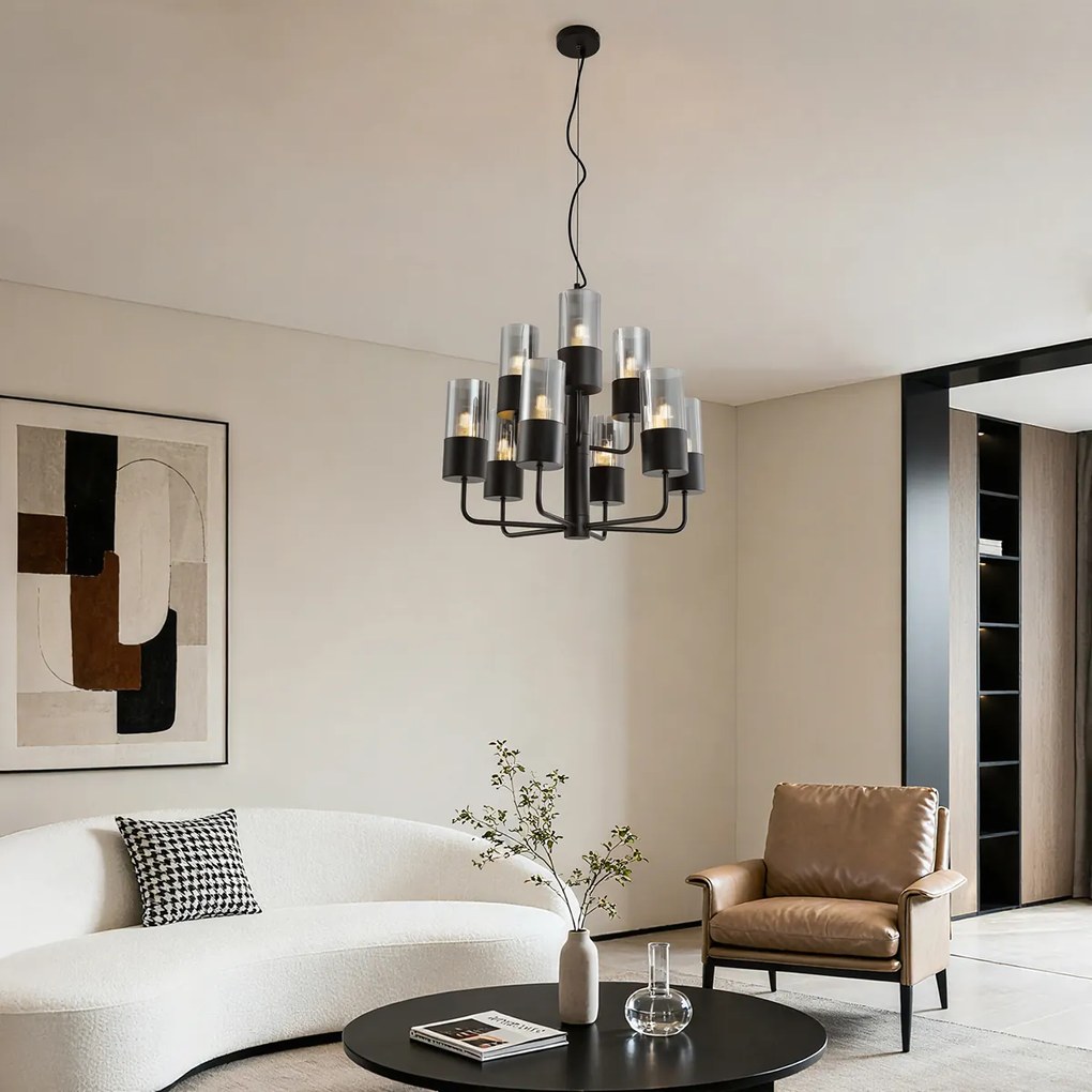 Lustre moderno preto com vidro fumado 9-luzes - Laura
