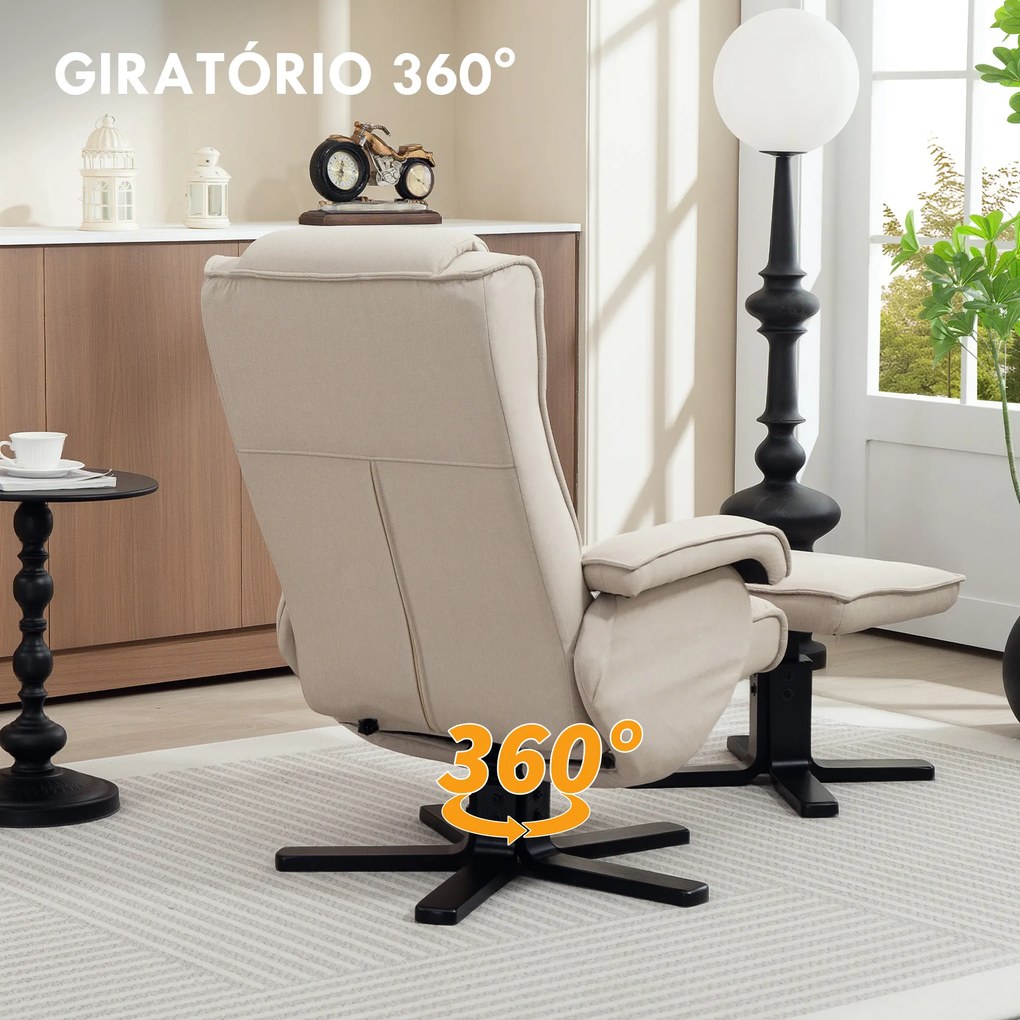 Poltrona Relax Reclinável com Apoio para os Pés Poltrona Giratória Estofada em Linho e Função Baloiço 67x87x96 cm Bege
