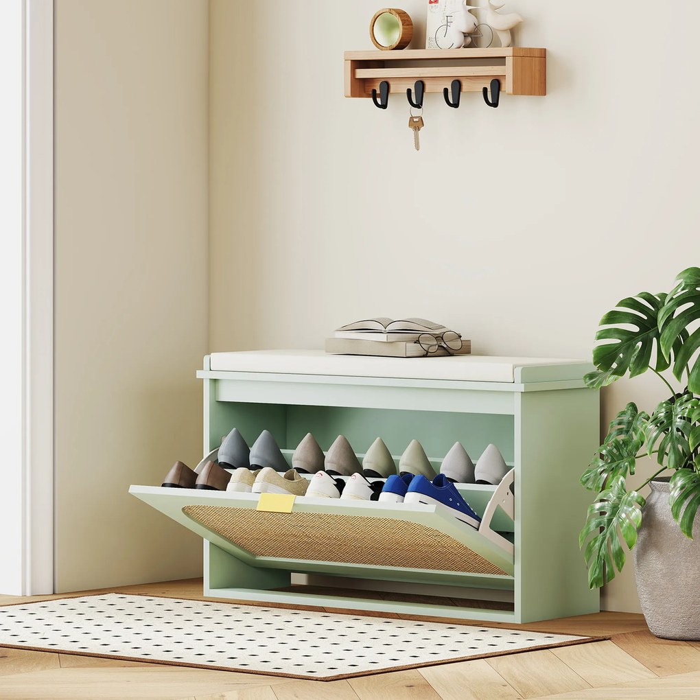 Sapateira 80 x 26 x 47,5 cm, banco com arrumação, assento almofadado, gaveta rebatível, porta em rattan, verde