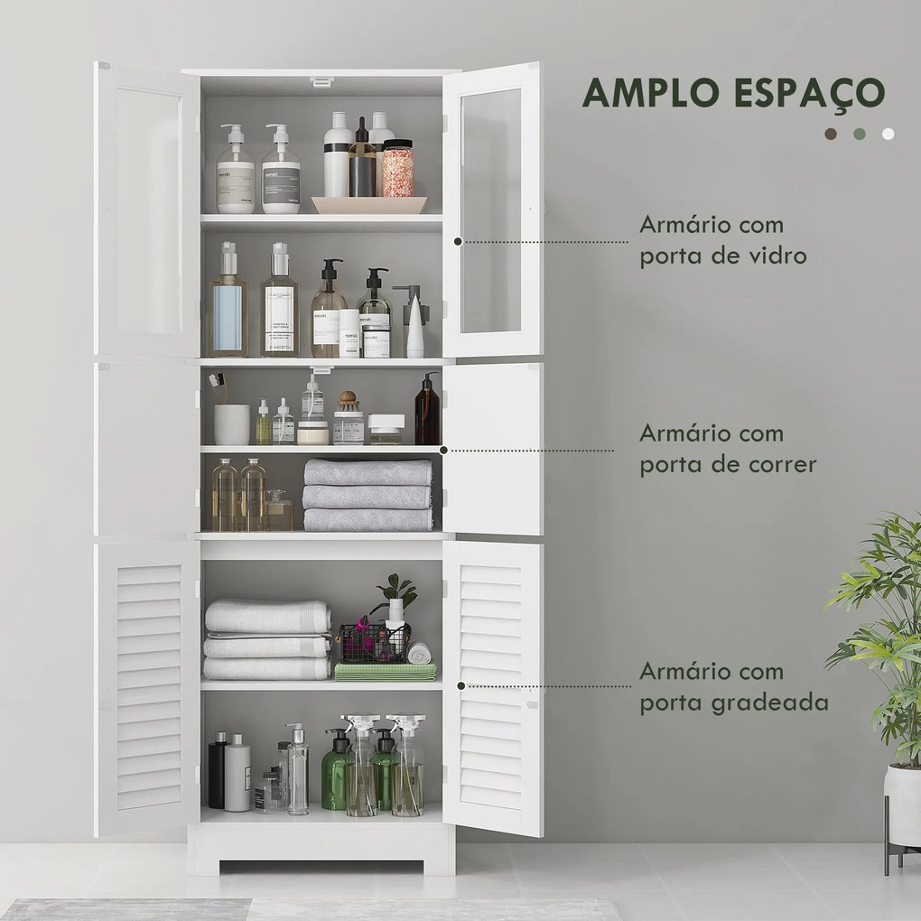Móvel Auxiliar para Casa de Banho com 6 Portas Prateleiras Ajustáveis Anti-tombo 60x30x170,5 cm Branco