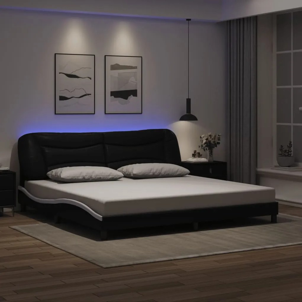 Estrutura cama c/ luz LED 200x200 cm couro artif. preto/branco