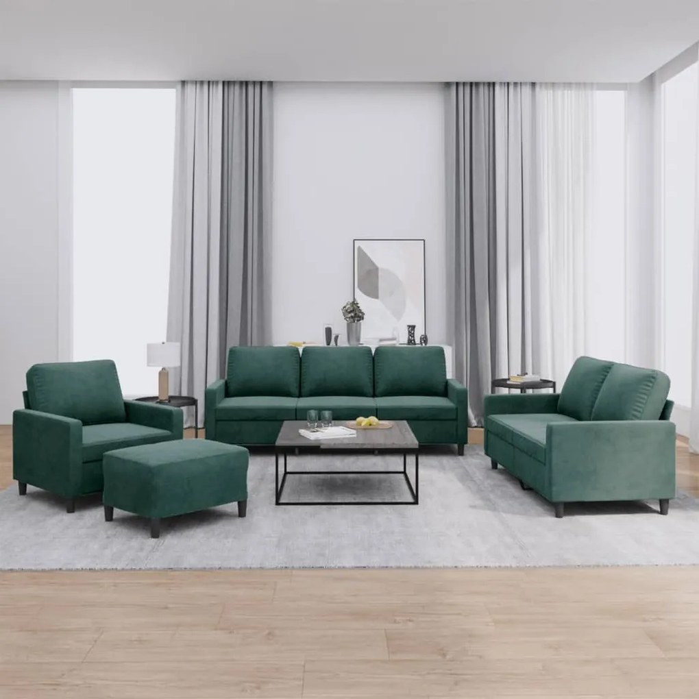 4 pcs conjunto de sofás com almofadões veludo verde-escuro