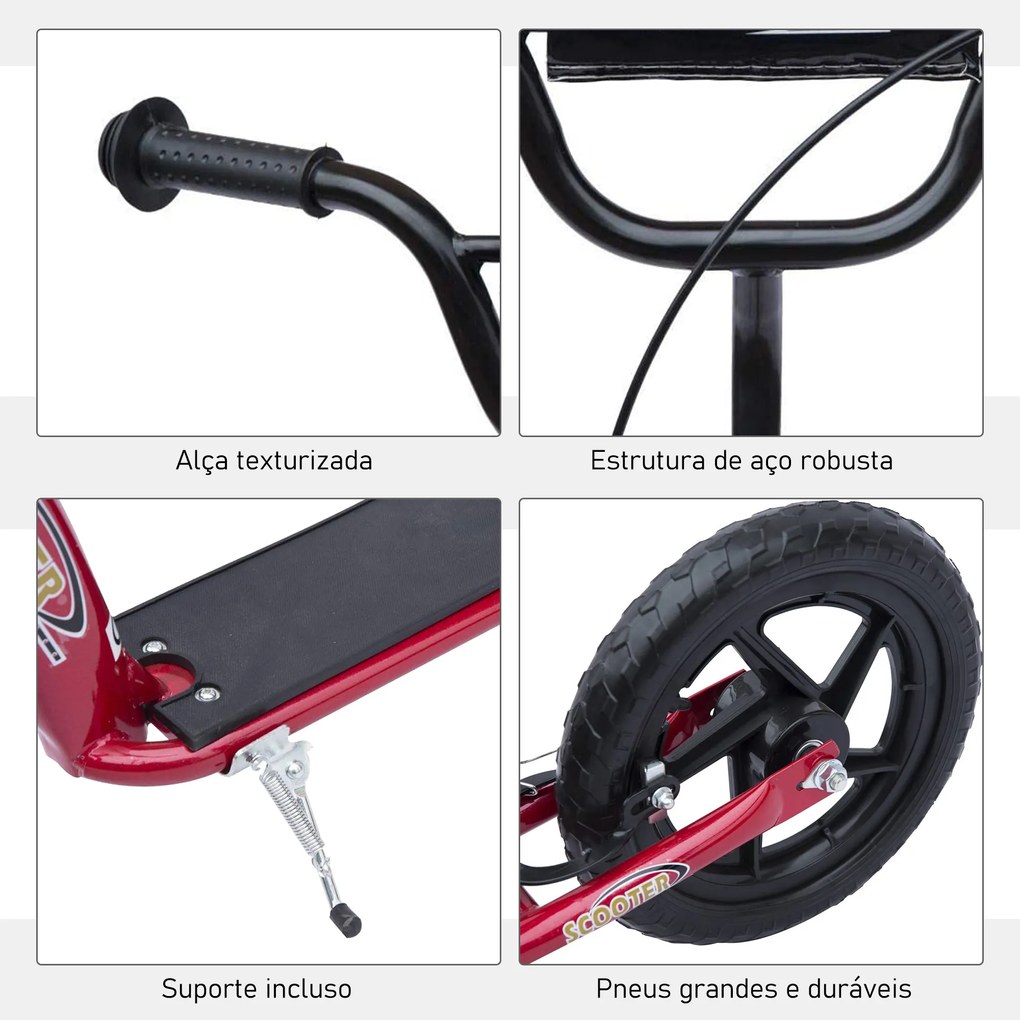 HOMCOM Trotinete com 2 Rodas de 12 Polegadas Trotinete para Crianças com Guiador Ajustável Freio e Cavalete Carga Máxima 100kg 120x52x80-88cm Vermelho