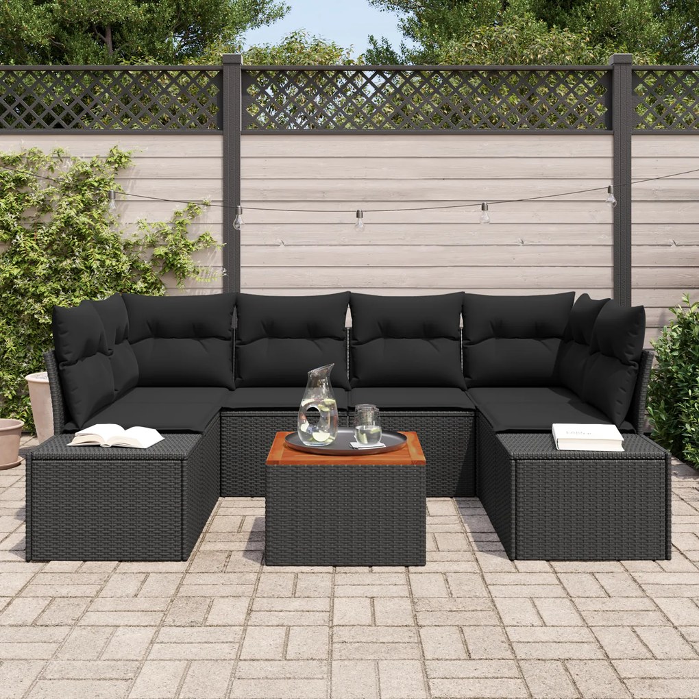 Conjunto de Sofá Jardim de 7 Peças com Almofadas Preto Poli Rattan Acá