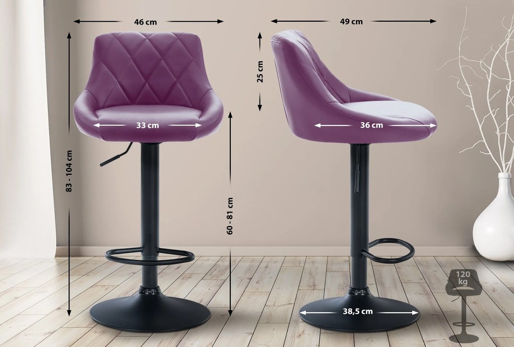 Banco de bar Lazio em couro sintético e com estrutura preta 46 x 83-104 x 49 cm Roxo