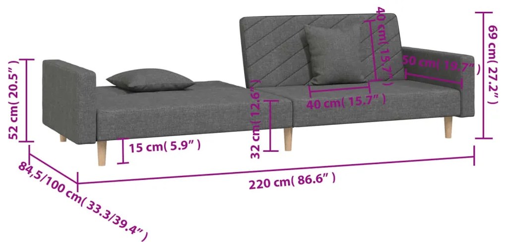 Sofá-cama 2 lugares com duas almofadas tecido cinzento-escuro