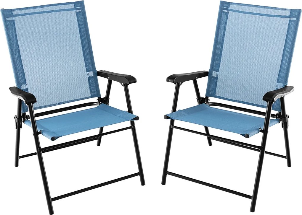 Conjunto de 2 cadeiras de jardim dobráveis Cadeiras portáteis com encosto em tecido Estrutura metálica para piscina Terraço 65 x 60 x 93 cm Azul