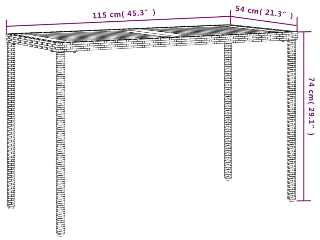 Mesa de jardim com tampo em acácia 115x54x74 cm vime PE bege