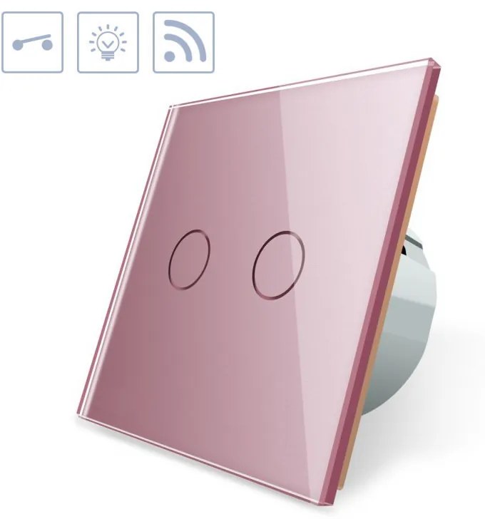 Interruptor tátil 2 botões + função controlo remoto, Painel frente rosa vidro temperado