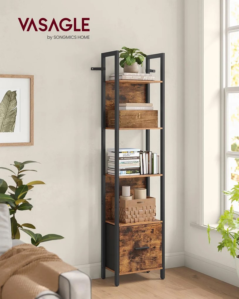 Estante com gaveta e estrutura em aço com design industrial 24 x 40 x 165 cm Castanho vintage + Preto